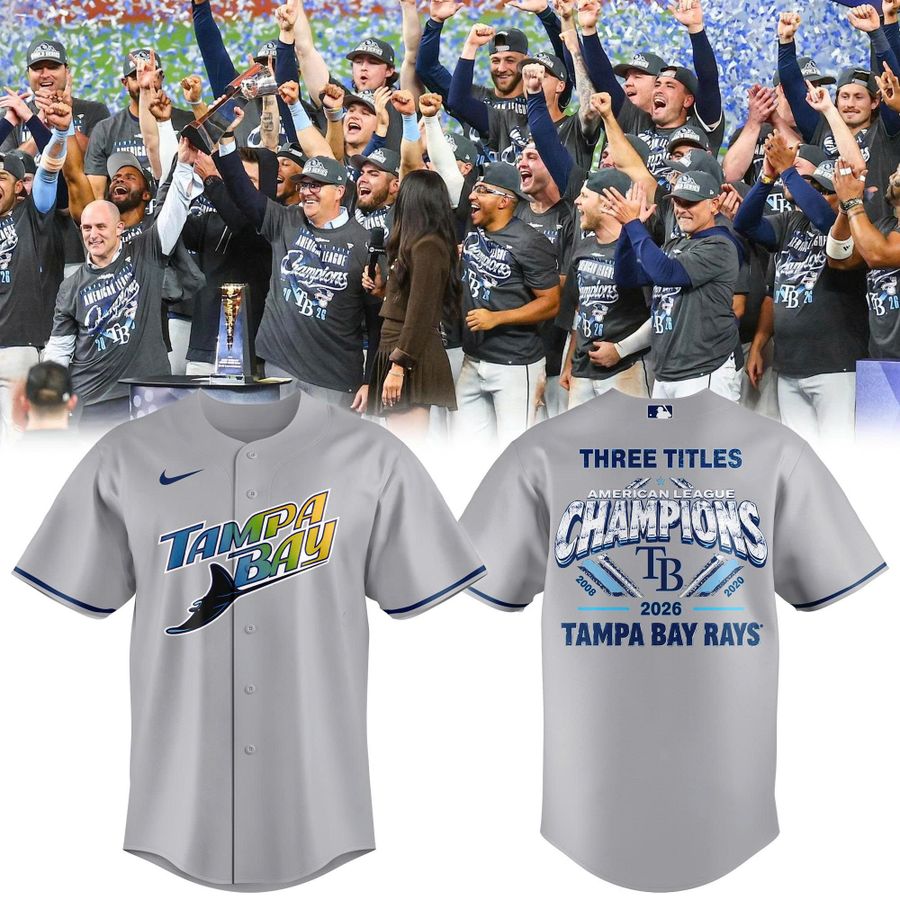 Tampa Bay Rays Three Titles AL Champs Gray Baseball Jersey - 2008 2020 2026 American League Champions Grey Button Up Shirt - Retro Rays Road Merch