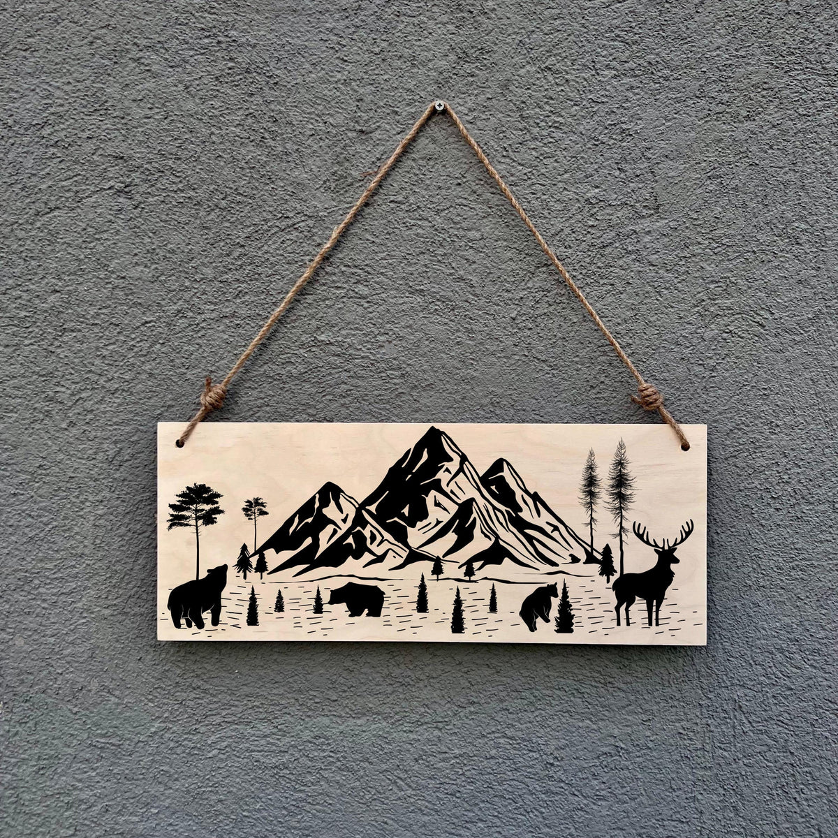 Rustic Mountain Scene Wood Sign: Cabin Decor with Bear & Deer