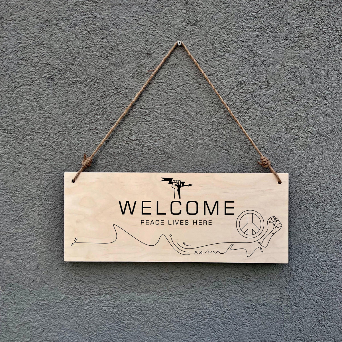 Peace Sign Welcome Plaque: Minimalist Boho Birch Wood Wall Decor