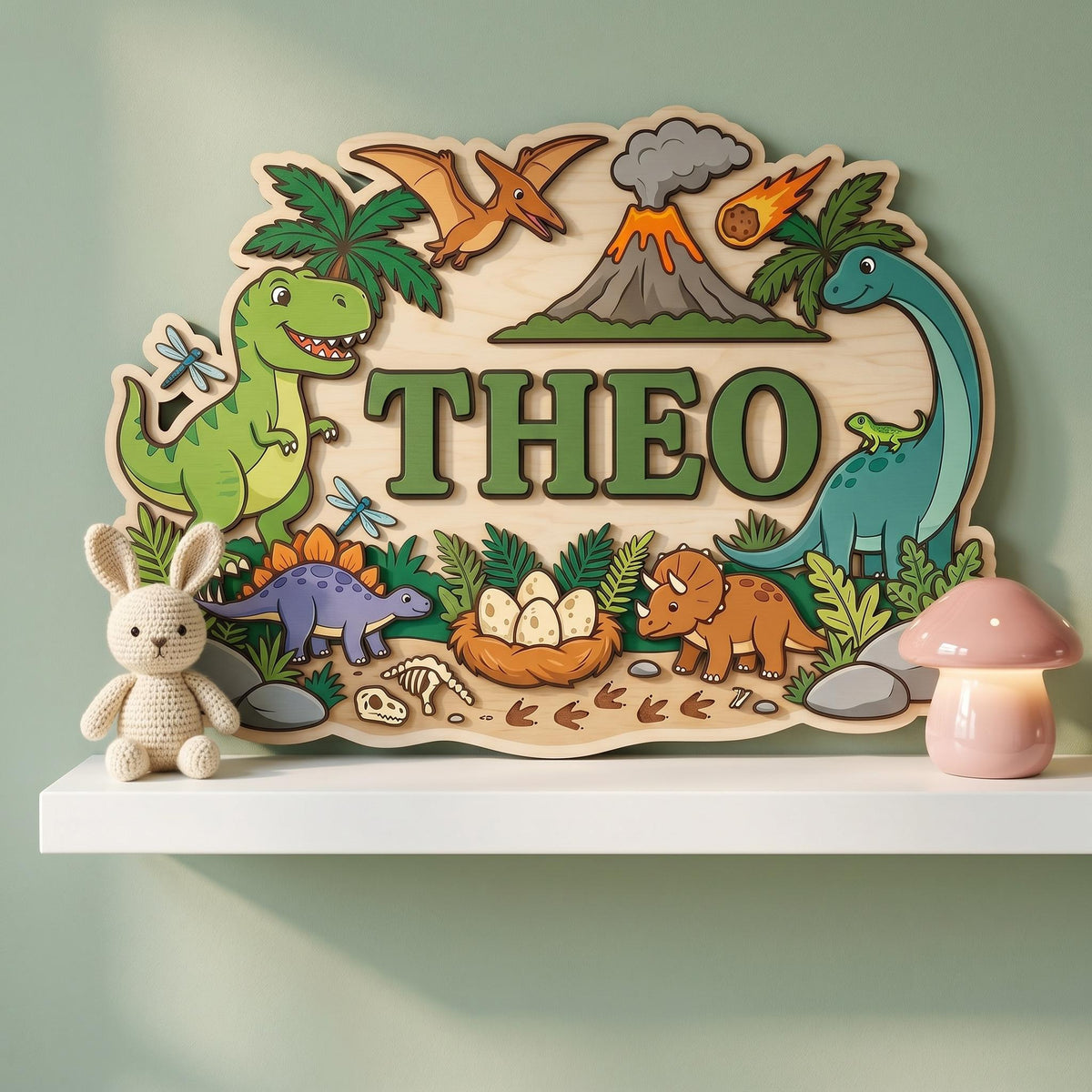 Custom Dinosaur Nursery Name Sign 3D, Personalized Jurassic Baby Boy Room Wall Decor, Wood T-Rex Volcano Plaque, New Parents Gift Ideas