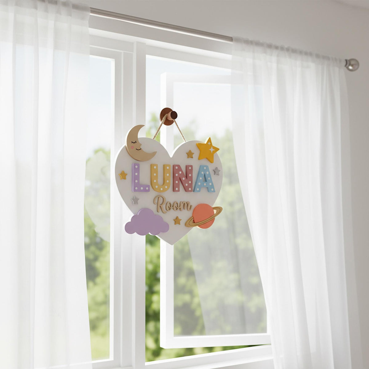Personalized Moon Star Nursery Wall Decor, Custom 3D Wood Heart Shaped Name Sign, Baby Girl Bedroom Door Hanger Plaque, Baby Shower Gift