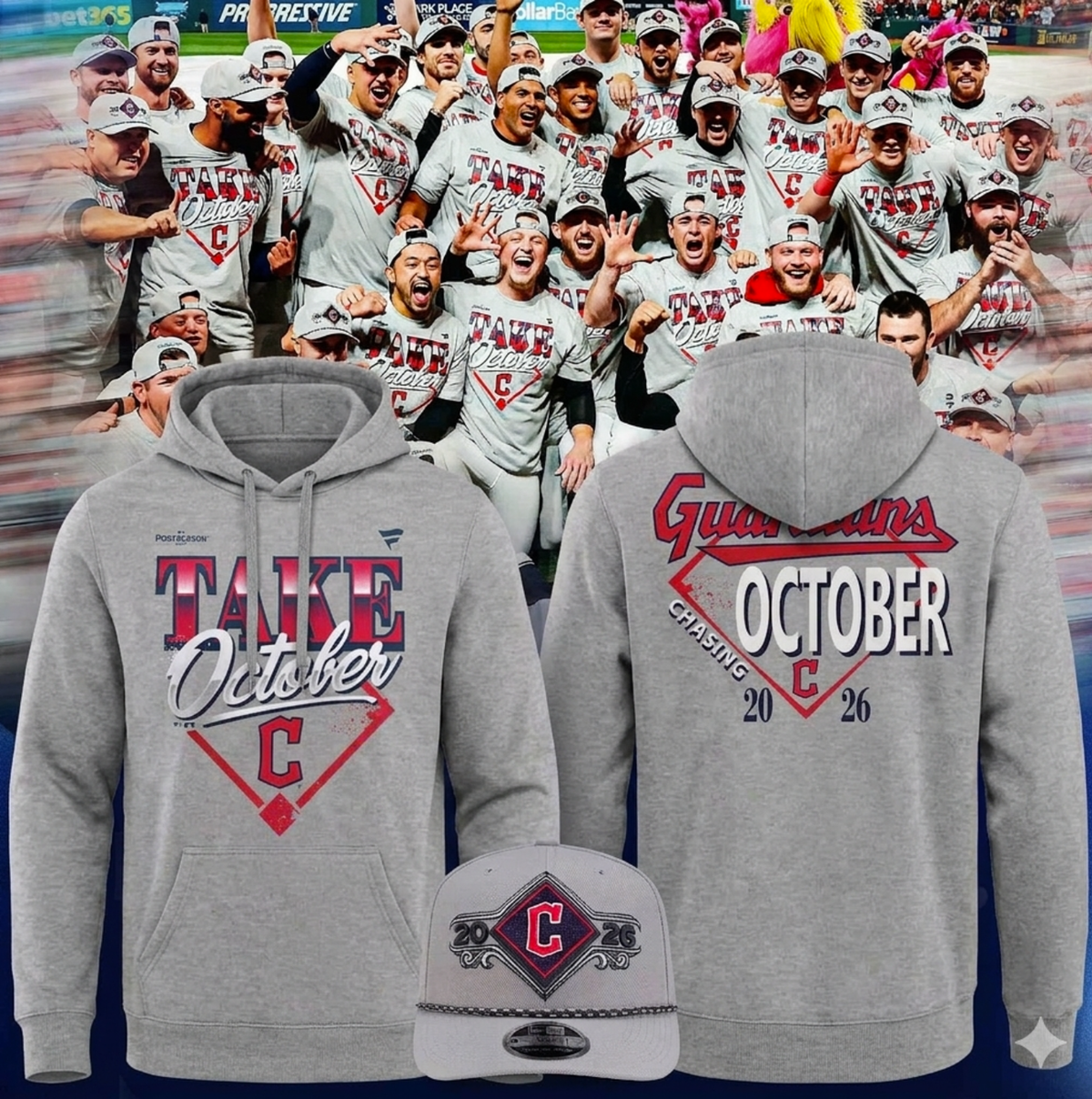 (Adult & Kids) Cleveland Guardians 2026 Postseason Locker Room Hoodie - Take October Graphic Hooded Sweatshirt