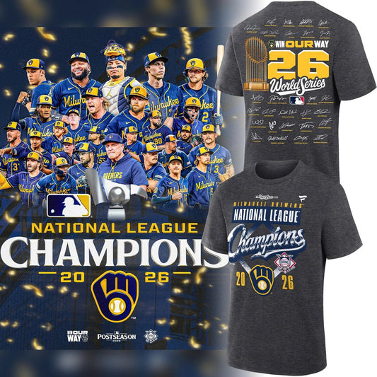 Exclusive Milwaukee Brewers Fanatics Heather Charcoal 2026 National League Champions Locker Room T-Shirt Team Signatures Print