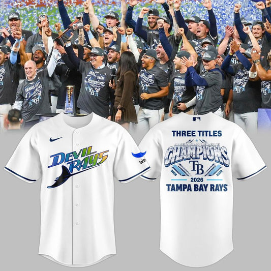 Tampa Bay Rays 2026 American League Champions Jersey - Three Titles 2008 2020 2026 White Baseball Jersey - Vintage Devil Rays Fan Gift Shirt